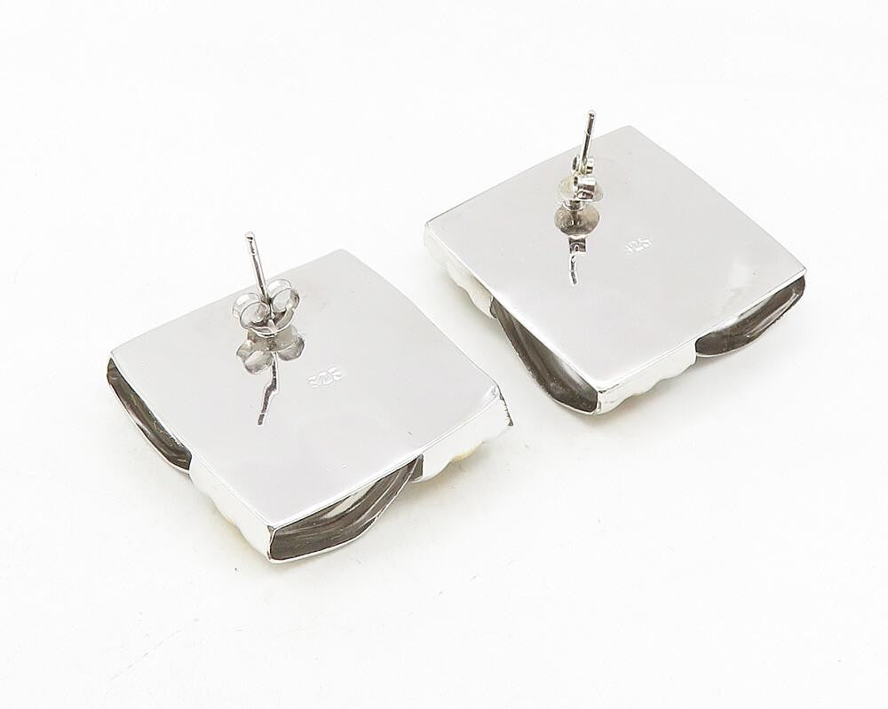 925 Sterling Silver  Shiny Two Tone Textured Square Drop Earrings  EG5780