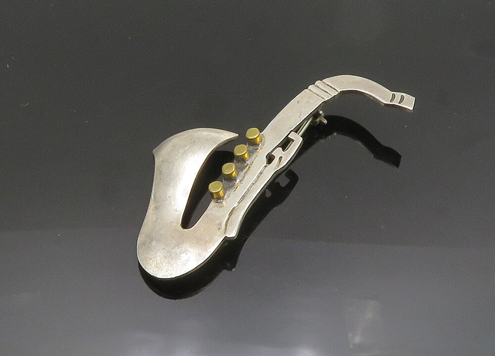 MEXICO 925 Sterling Silver  Vintage Two Tone Saxophone Brooch Pin  BP7855