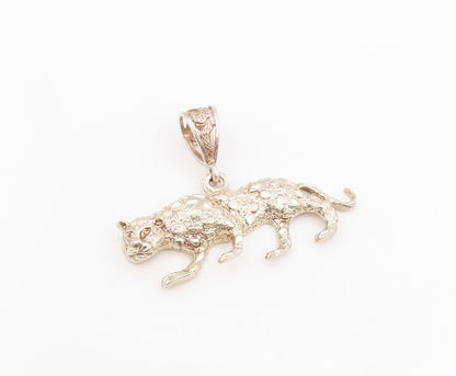 925 Sterling Silver Vintage Pendant Etched Leaping Wild Jaguar Charm  PT25766