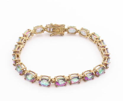 925 Sterling Silver Vintage Bracelet Gold Plated Oval Mystic Topaz Chain BT11380