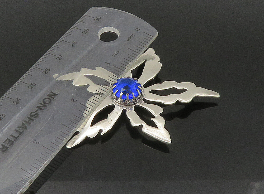 HANS HANSEN DENMARK 925 Silver  Vintage Blue Stone Flower Brooch Pin  BP9186