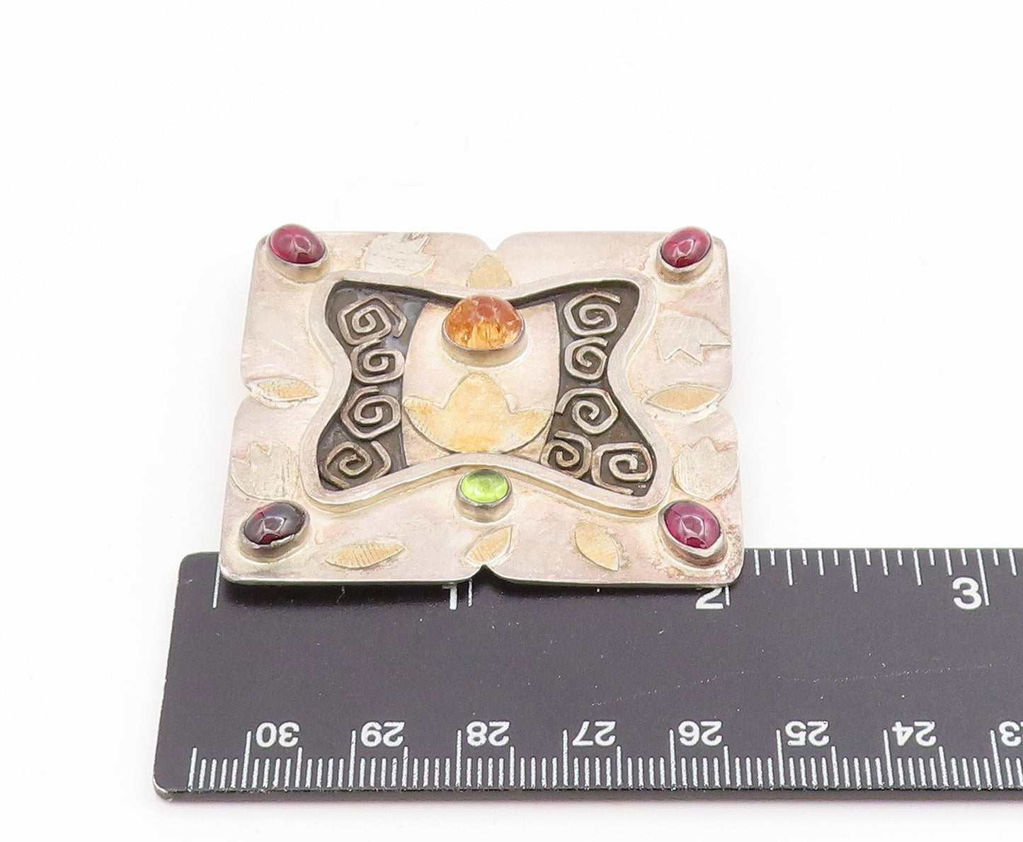22k Gold & 925 Sterling Silver Vintage Brooch Modernist Multi Gemstone  BP12217