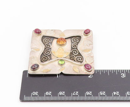 22k Gold & 925 Sterling Silver Vintage Brooch Modernist Multi Gemstone  BP12217