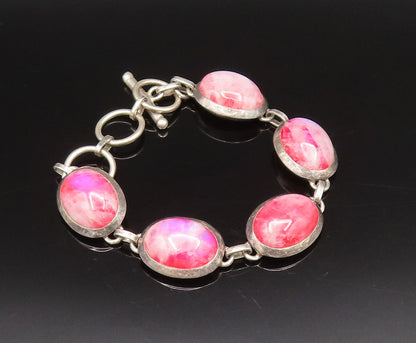 925 Silver  Vintage Unique Cabochon Pink Moonstone Chain Bracelet  BT9763