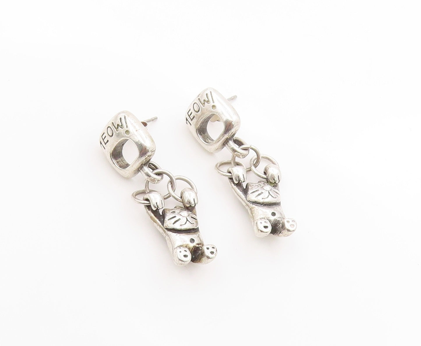 925 Sterling Silver Vintage Earrings Hanging Meow Cat Companion Dangles  EG13687