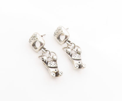 925 Sterling Silver Vintage Earrings Hanging Meow Cat Companion Dangles  EG13687