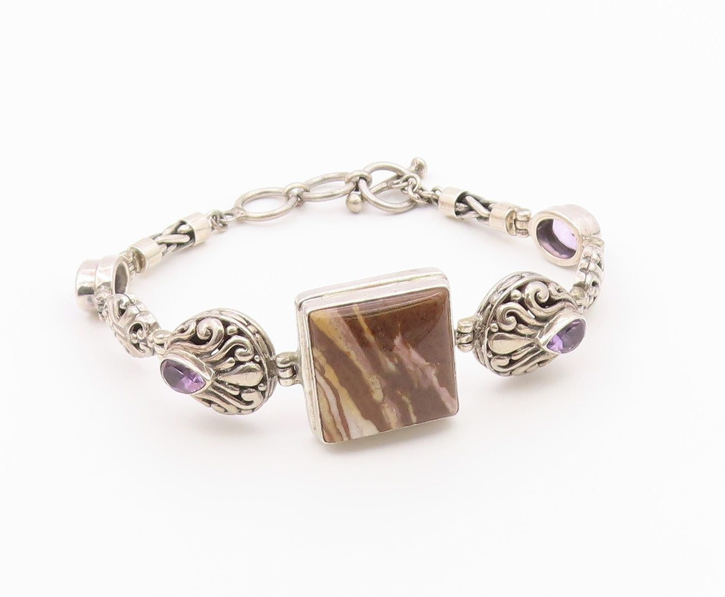925 Sterling Silver  Vintage Brown Jasper & Amethyst Chain Bracelet  BT3896