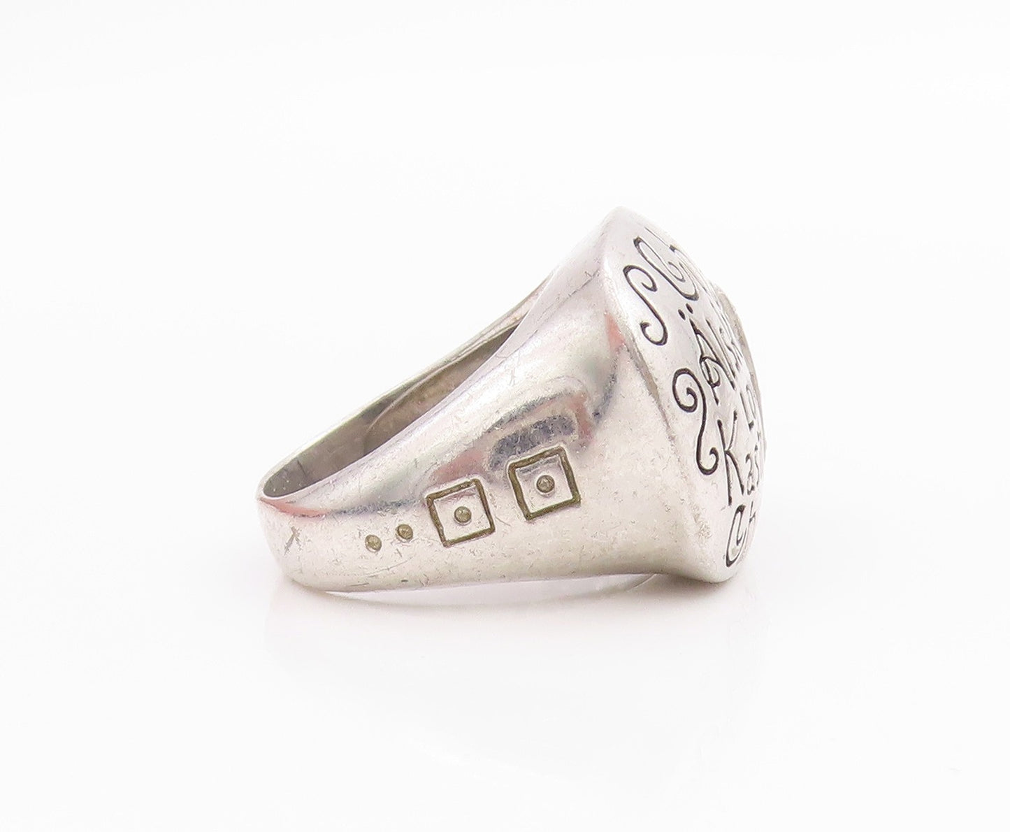 925 Sterling Silver Vintage Ring Diamonds Inlay Lovers Names Etched Sz 7 RG33188