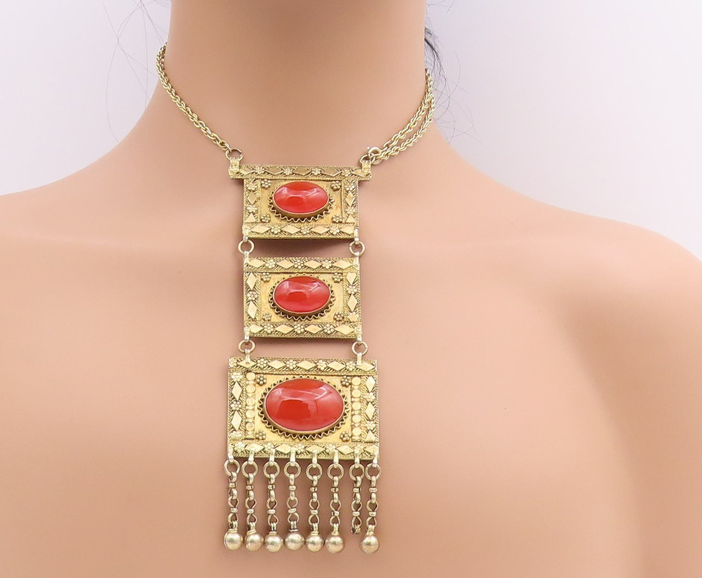 925 Sterling Silver Vintage Necklace ISRAEL Gold Plated Carnelian Drop  NE4598