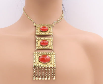 925 Sterling Silver Vintage Necklace ISRAEL Gold Plated Carnelian Drop  NE4598