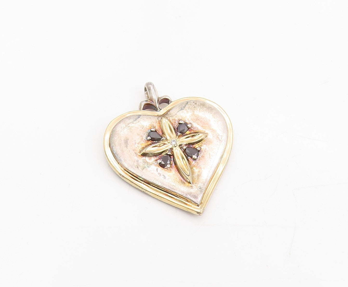 925 Sterling Silver Vintage Pendant Real Diamond Sapphire Heart & Cross  PT25318