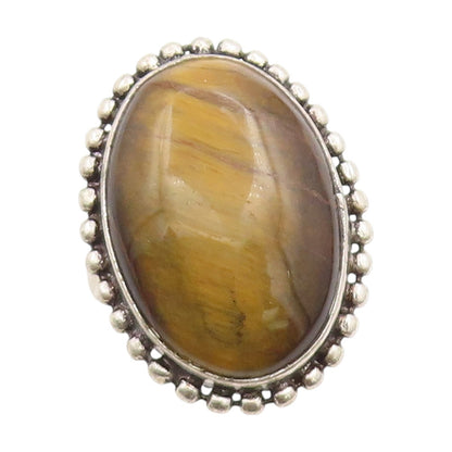 925 Sterling Silver Vintage Ring Large Tiger's Eye Beaded Edge  Sz 12  RG34146