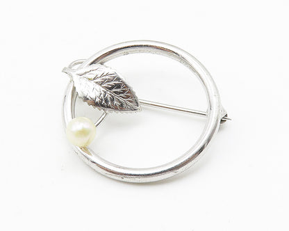DCE 925 Sterling Silver  Vintage Petite Pearl Floral Leaf Brooch Pin  BP4292