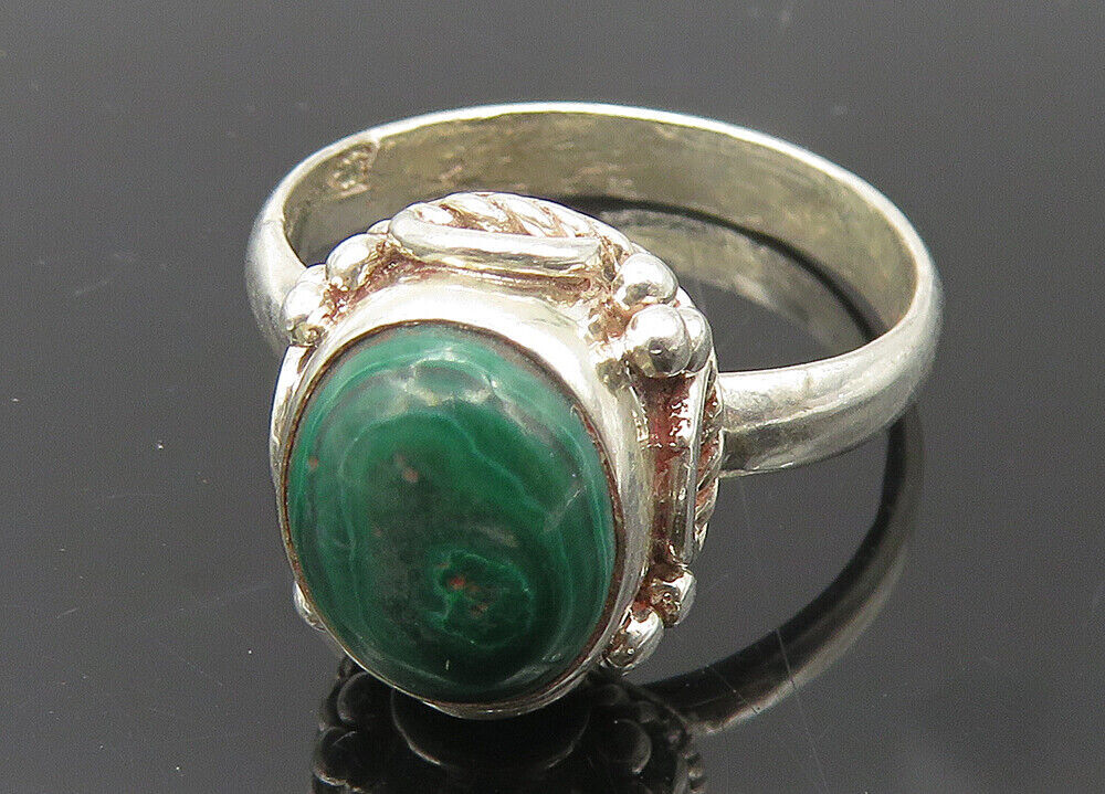 925 Sterling Silver  Vintage Cabochon Cut Malachite Band Ring Sz 7  RG11453
