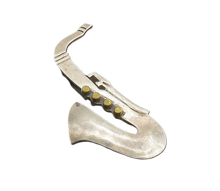 MEXICO 925 Sterling Silver  Vintage Two Tone Saxophone Brooch Pin  BP7855