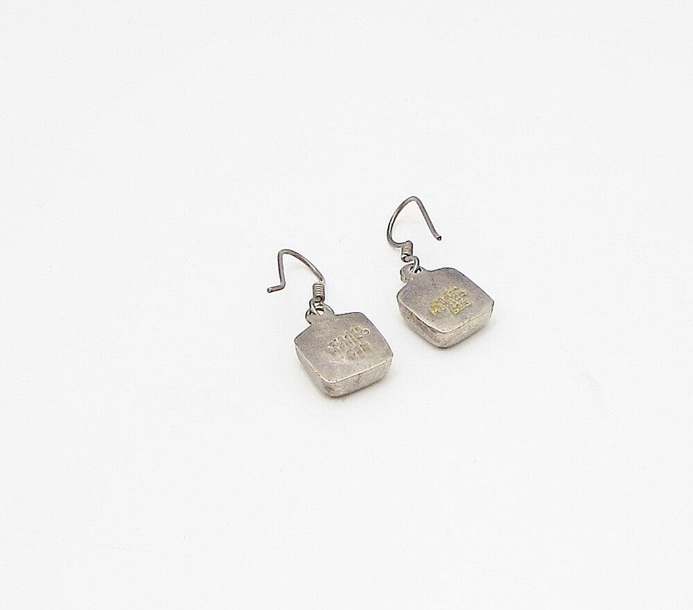 MEXICO 925 Silver  Vintage Bezel Set Inlay Turquoise Drop Earrings  EG1964