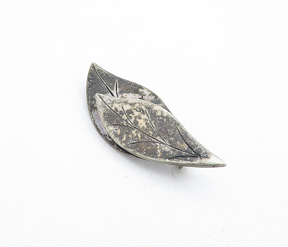 925 Sterling Silver  Vintage Antique Oxidized Floral Leaves Brooch Pin  BP1489