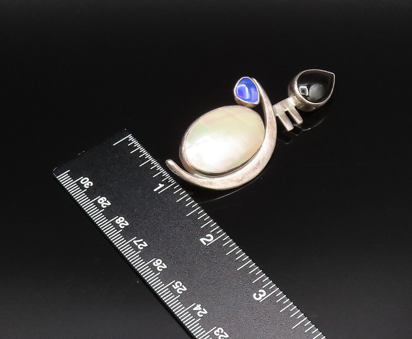 DESIGNER 925 Silver  Vintage Mother Of Pearl Sapphire & Onyx Pendant  PT21826