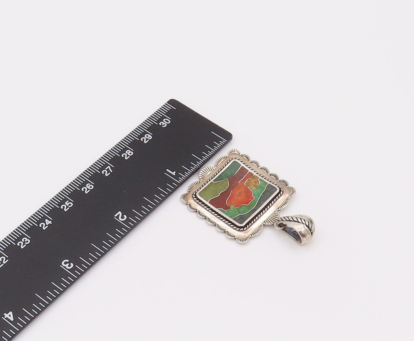 CAROLYN POLLACK 925 Silver  Vintage Inlay Landscape Square Pendant  PT22174