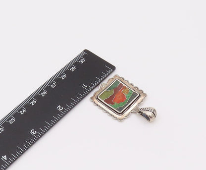CAROLYN POLLACK 925 Silver  Vintage Inlay Landscape Square Pendant  PT22174
