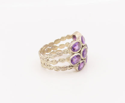 925 Sterling Silver Vintage Ring Hammered Rope Band Oval Amethysts Sz 9  RG27616