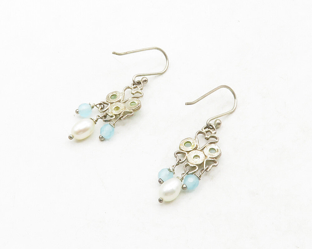 925 Sterling Silver  Vintage Pearl & Topaz Love Hearts Drop Earrings  EG6635