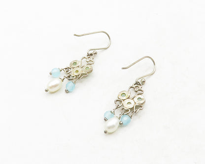 925 Sterling Silver  Vintage Pearl & Topaz Love Hearts Drop Earrings  EG6635