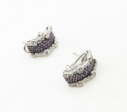 925 Sterling Silver  Shiny Purple & White Cubic Zirconia Drop Earrings  EG8489