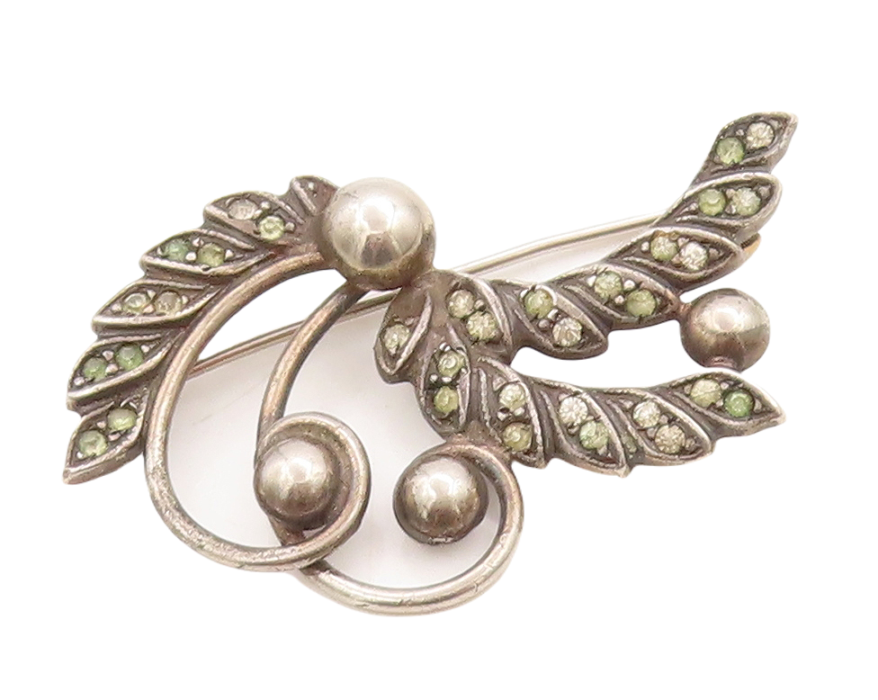 925 Sterling Silver Vintage Brooch Pin Dark Tone Peridot Floral Cutout  BP11318