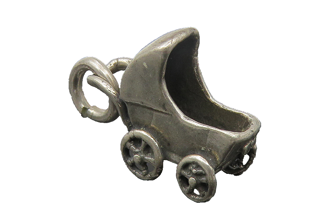 925 Sterling Silver  Vintage Petite Dark Tone Baby Carriage Pendant  PT9386