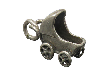 925 Sterling Silver  Vintage Petite Dark Tone Baby Carriage Pendant  PT9386