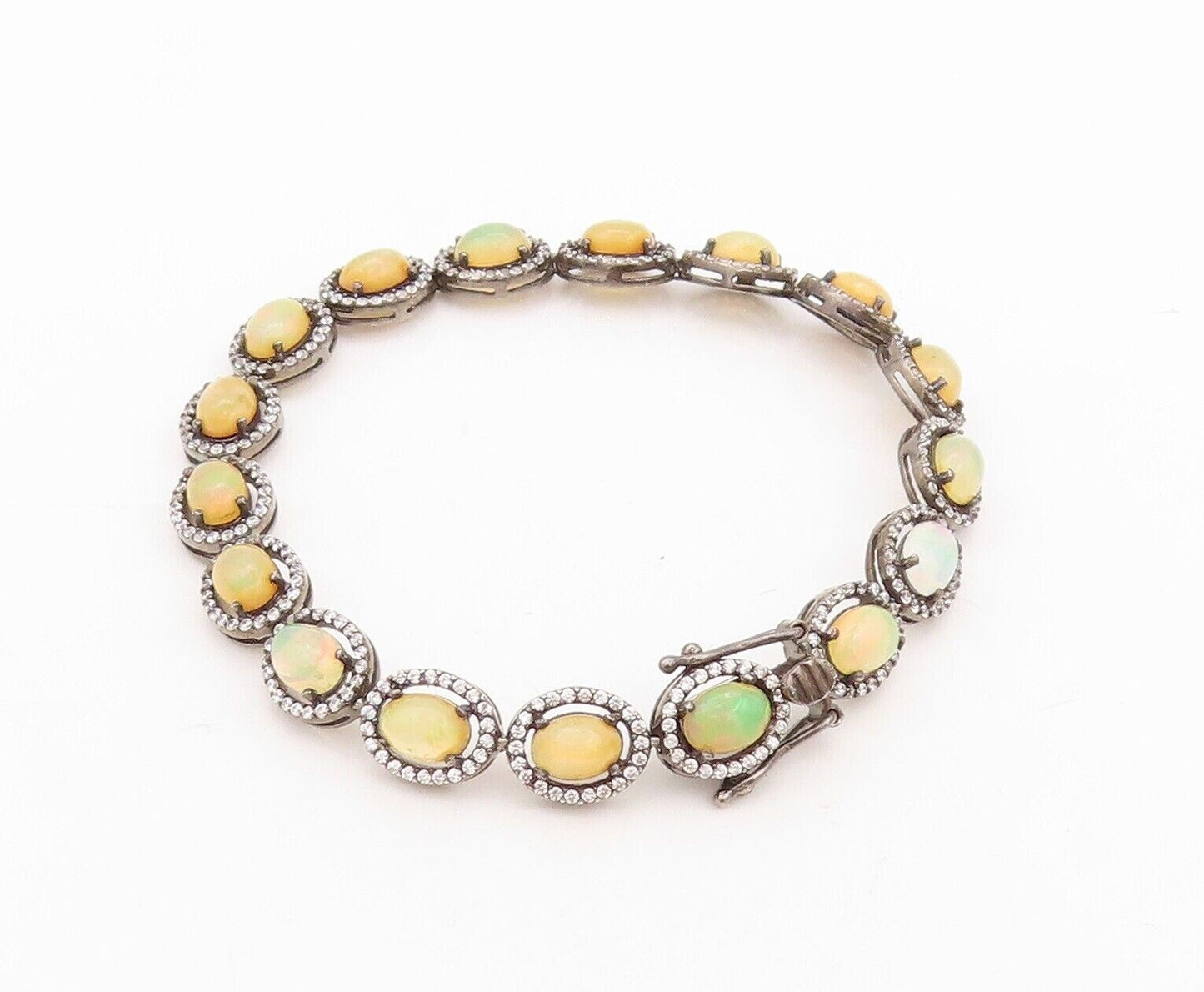925 Sterling Silver Vintage Bracelet Oval Cut Fire Opal Halo CZ Rings  BT10758
