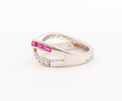 925 Sterling Silver Vintage Ring X Shape Cutout Pink & White Topaz Sz 7  RG29741