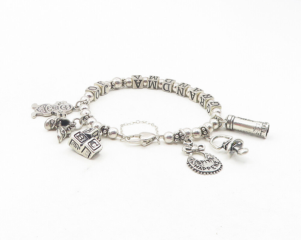 925 Sterling Silver  Vintage Grandma Beaded Name Charm Chain Bracelet  BT4592