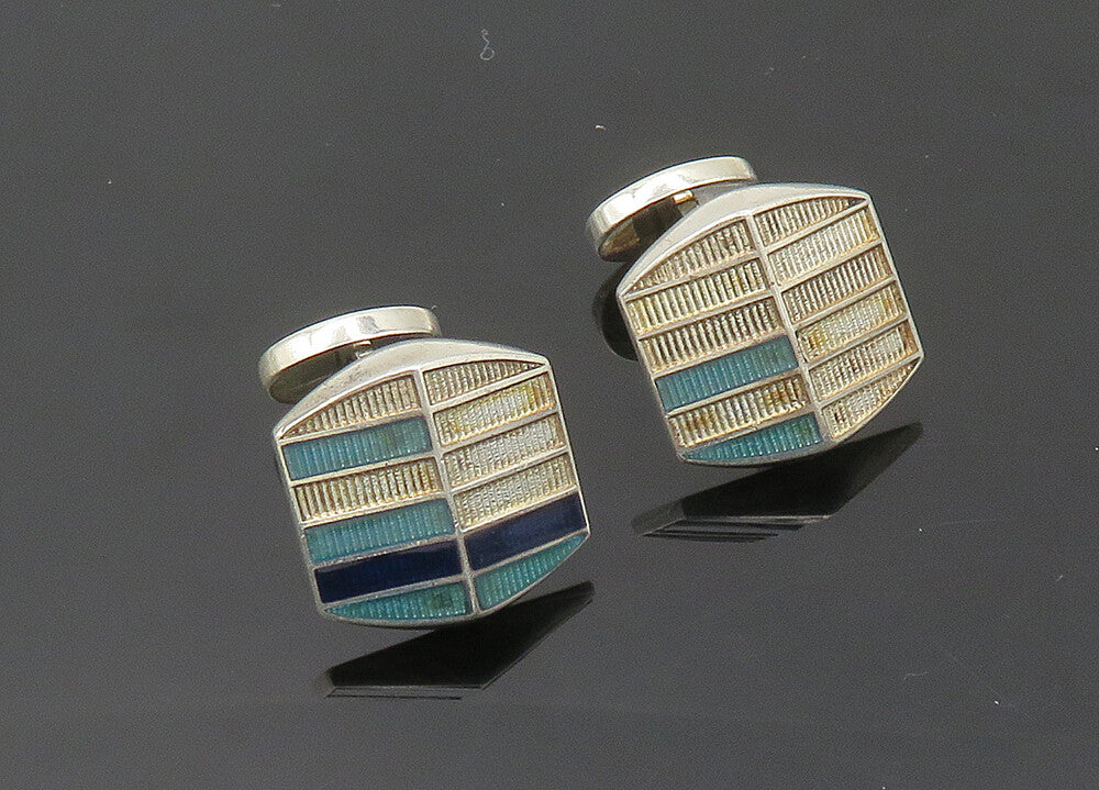 BRITISH 925 Sterling Silver  Vintage Enamel Detail Shiny Cufflinks  TR2826