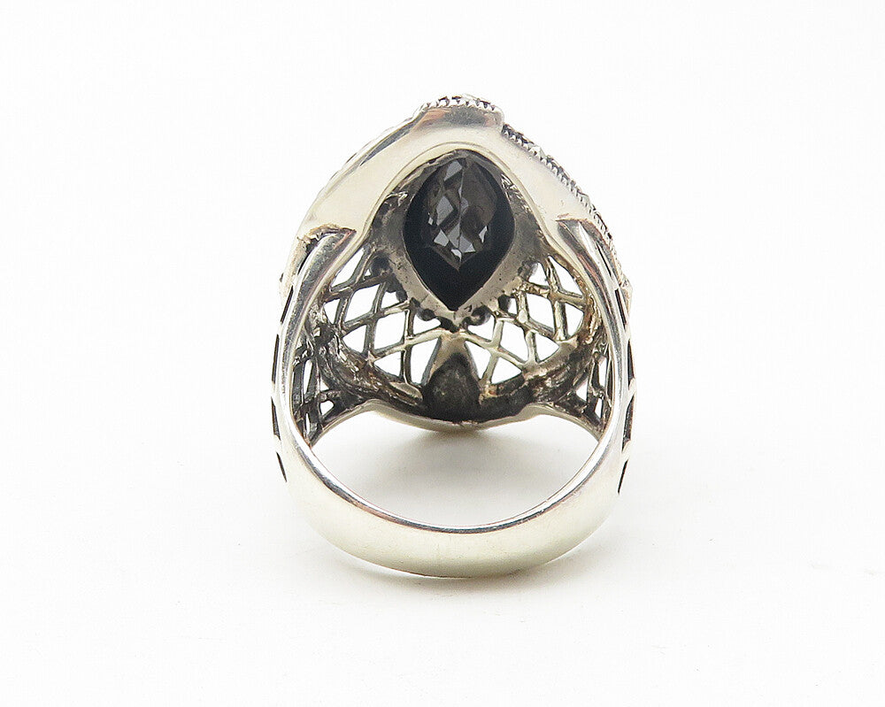 925 Sterling Silver  Marquise Hematite & Marcasite Cocktail Ring Sz 6  RG11363