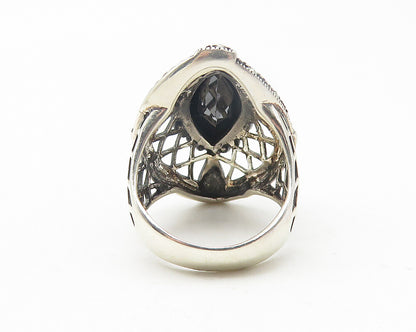 925 Sterling Silver  Marquise Hematite & Marcasite Cocktail Ring Sz 6  RG11363