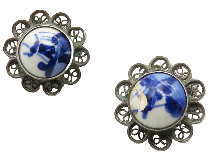 925 Sterling Silver Vintage Enamel Art Non Pierce Floral Earrings EG6809