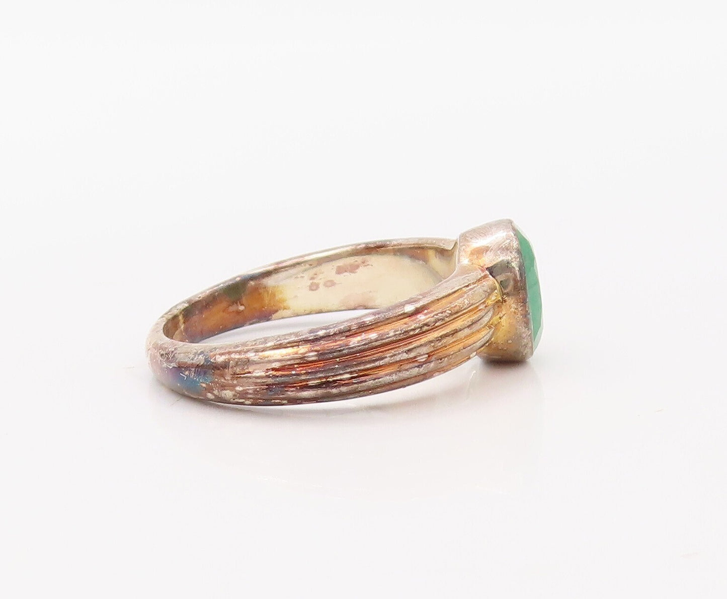 925 Sterling Silver Vintage Ring Grooved Oval Cut Green Gemstone Sz 7.5  RG30753