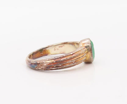 925 Sterling Silver Vintage Ring Grooved Oval Cut Green Gemstone Sz 7.5  RG30753