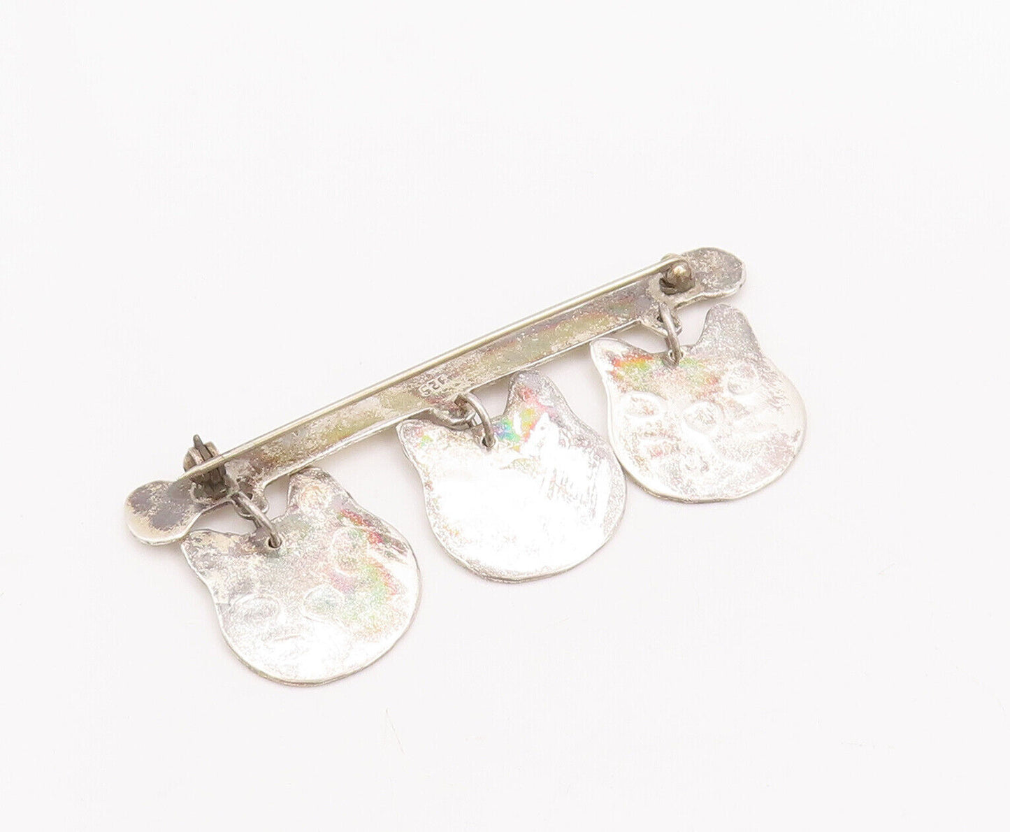 925 Sterling Silver Vintage Brooch Pin Solid Etched Dangling Cat Faces  BP10876