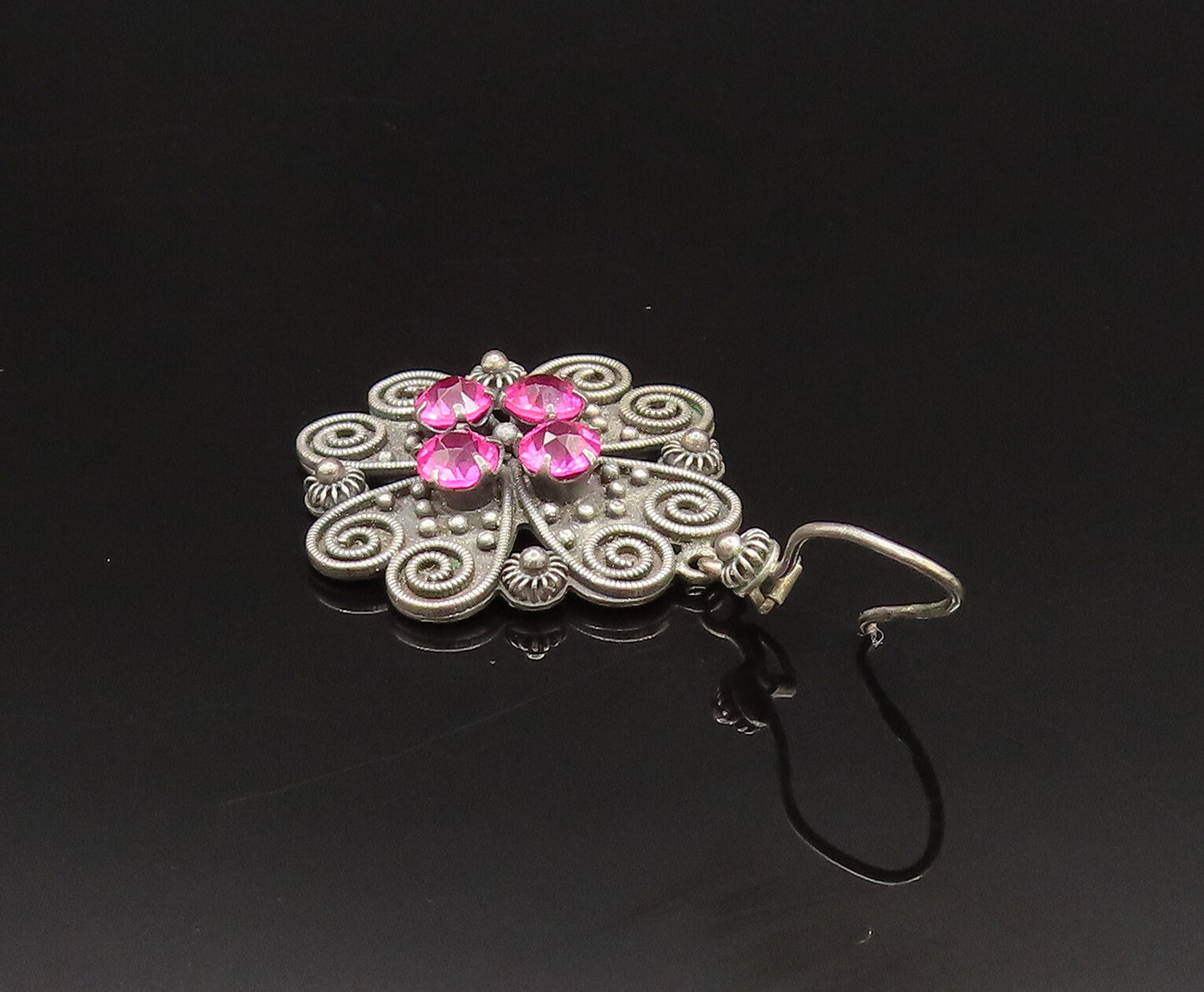 925 Silver  Vintage Beaded Pretzel Twist Tourmaline Floral Earrings  EG11928
