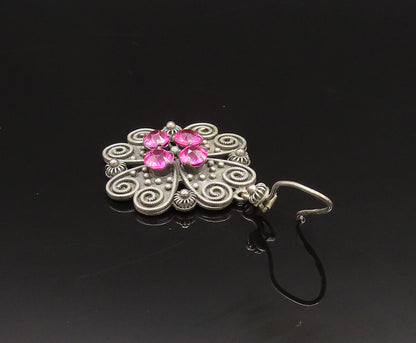 925 Silver  Vintage Beaded Pretzel Twist Tourmaline Floral Earrings  EG11928