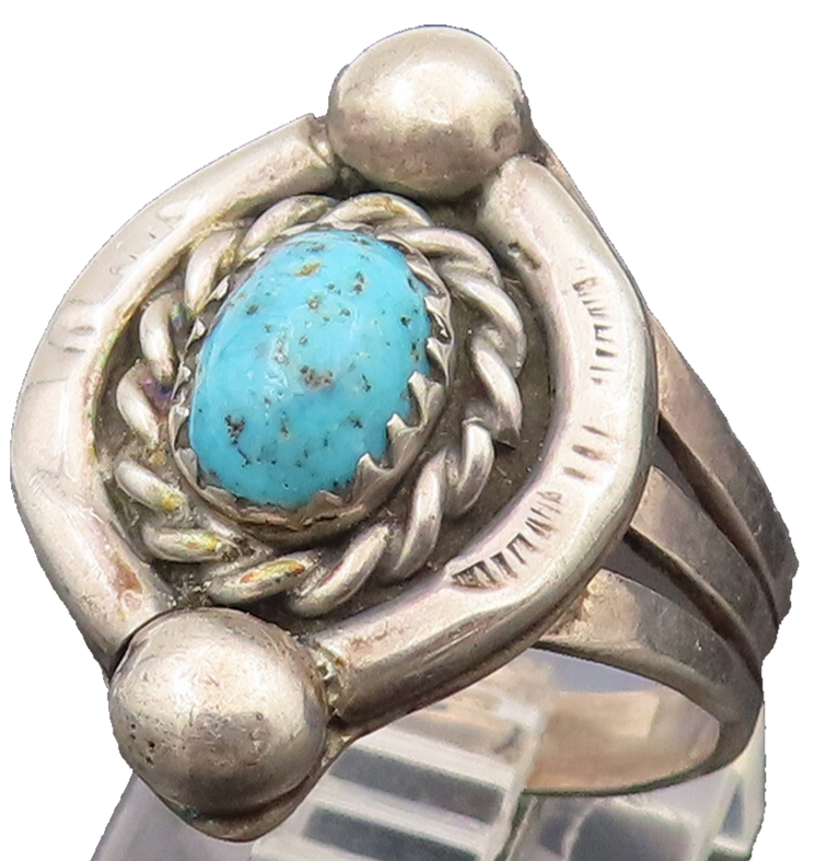 NAVAJO 925 Sterling Silver Vintage Rope Border Turquoise Ring Sz 7.75 RG26508