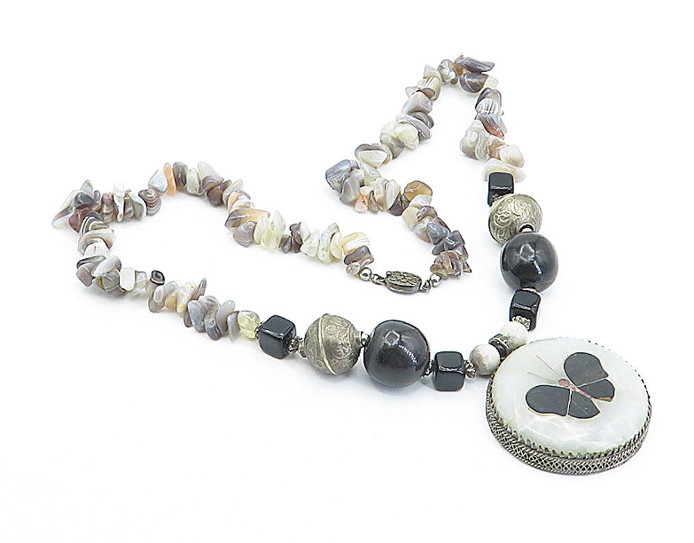 Solid Silver Vintage Multi Gemstone Butterfly Beaded Necklace NE1003