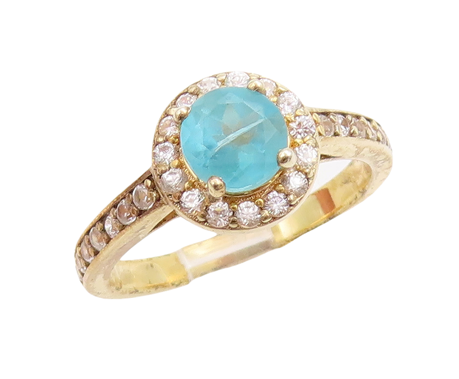 925 Sterling Silver Vintage Ring Gold Plated Sea Blue & White CZ  Sz 7  RG30961