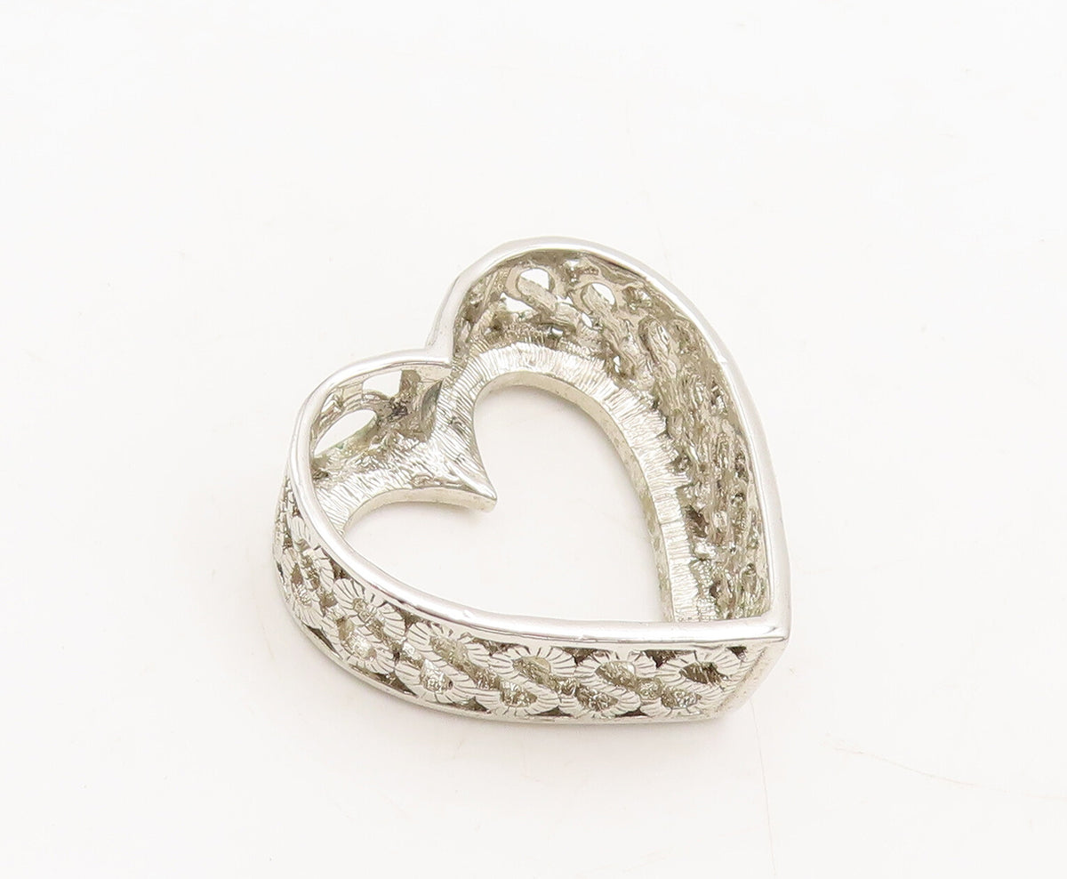 925 Sterling Silver Vintage Pendant Carved $ Band Crystal Heart Border  PT22607