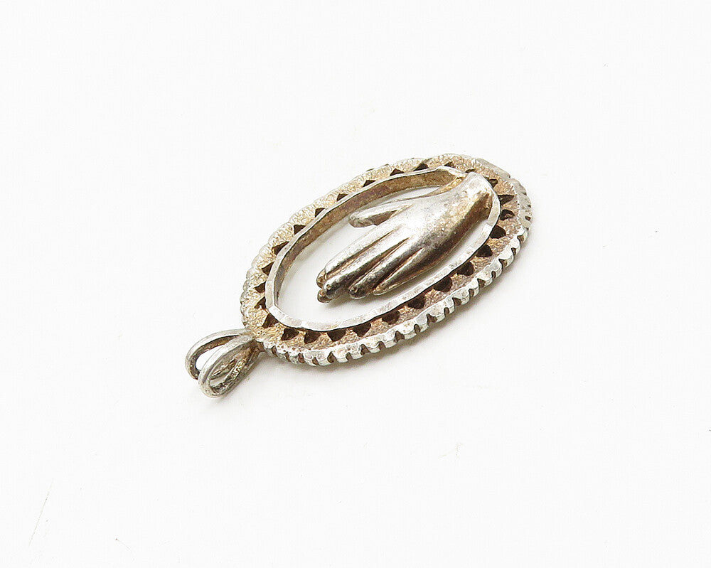 925 Sterling Silver  Vintage Prayer Hands Motif Oval Drop Pendant  PT14715