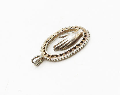 925 Sterling Silver  Vintage Prayer Hands Motif Oval Drop Pendant  PT14715