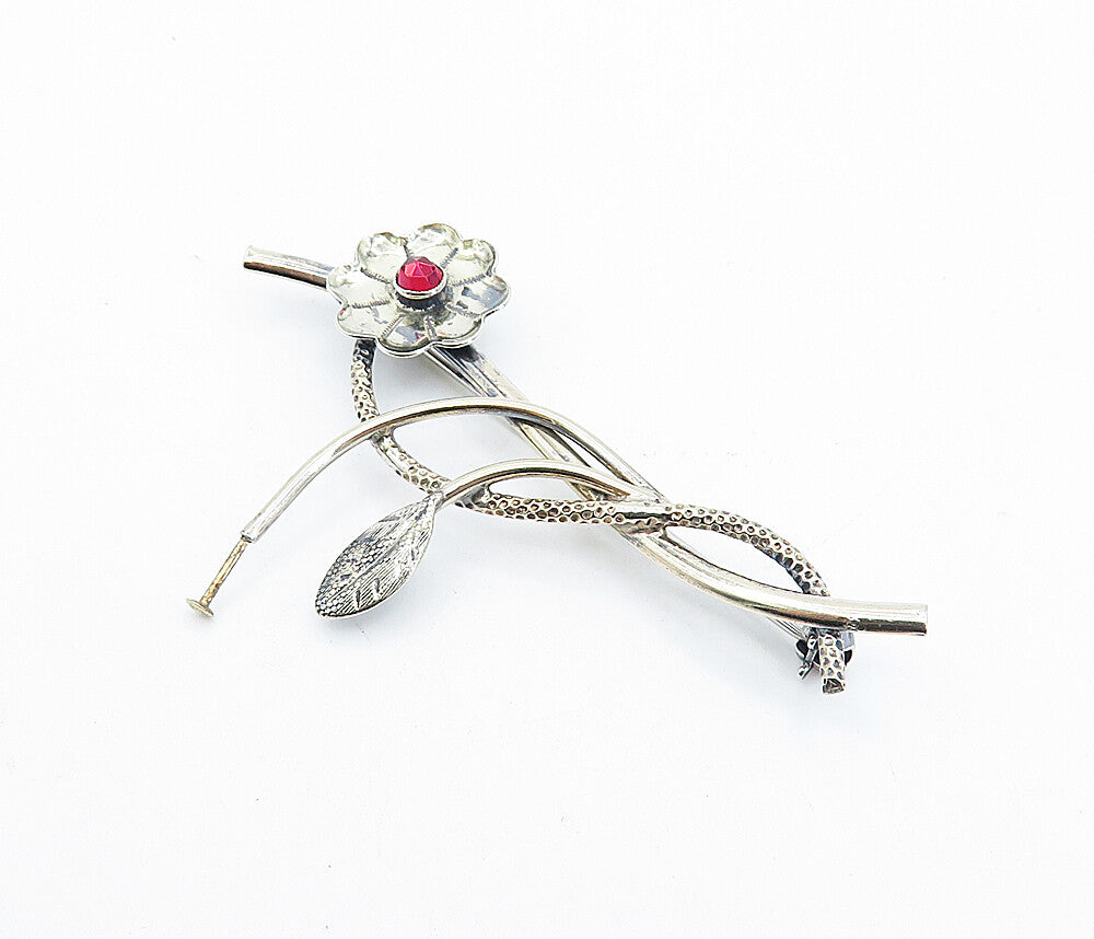925 Sterling Silver  Vintage Red Topaz Shiny Floral Vine Brooch Pin  BP1154